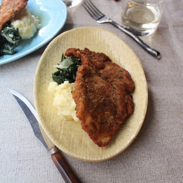 Paneed Chicken with Creamed Garlic Potatoes and Braised Kale